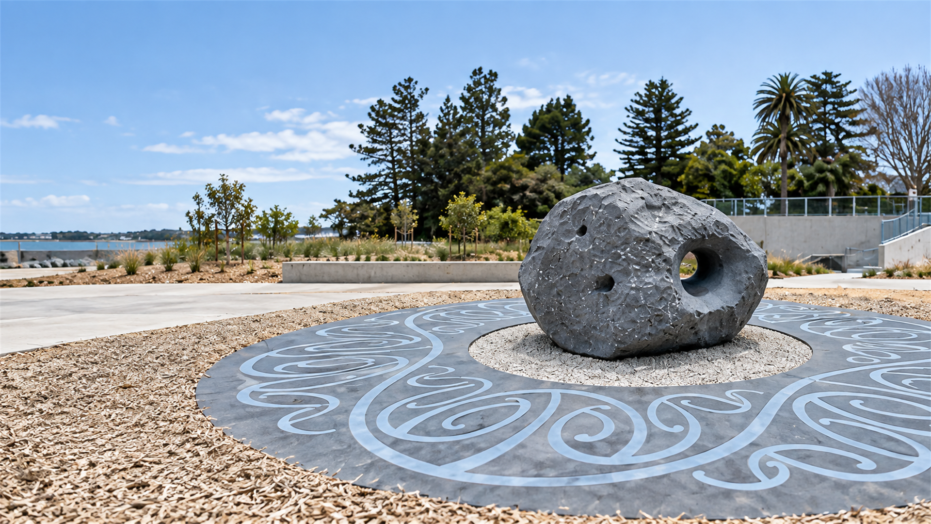 Ground Currents public artwork: a pierced basalt stone on a pale concrete disc inlaid with a flowing blue line pattern, parkland behind